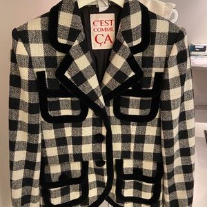 Ladies black and white wool checked blazer w/ velvet pipping
